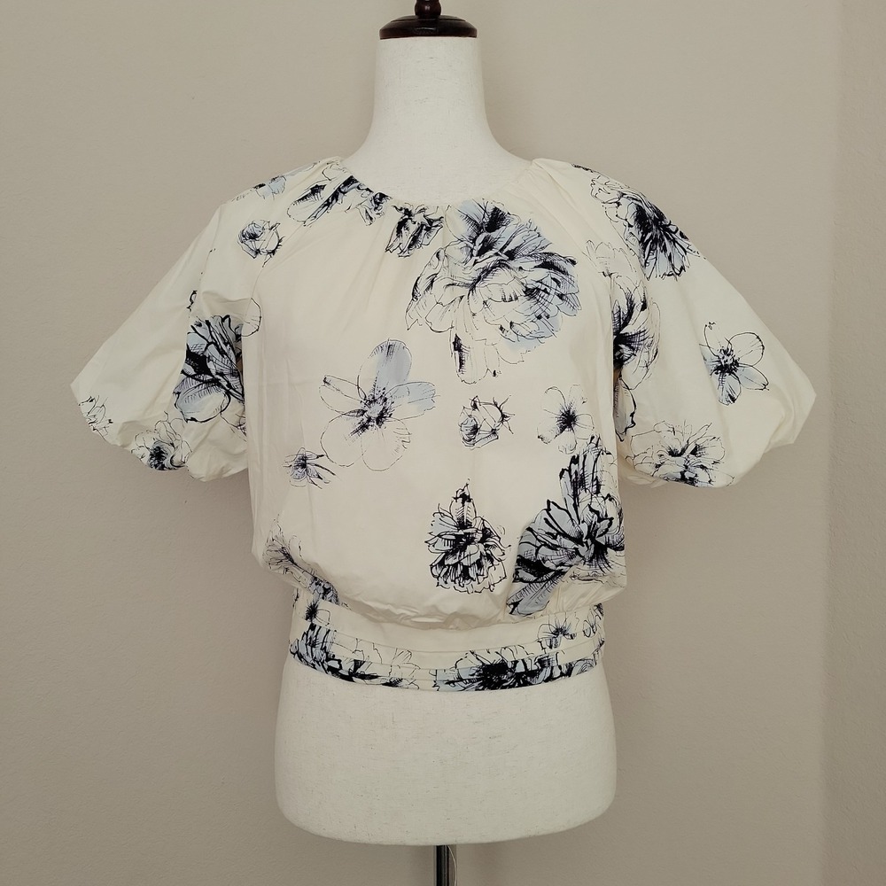 Express Womens Floral Cream Top Size S Puff Sleeves Banded Waist Romatic New
